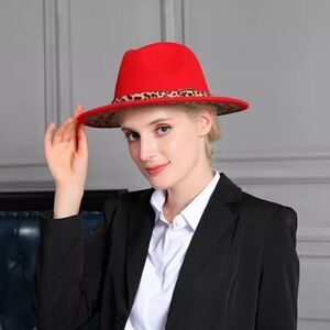 Red Fedora Hat with Animal Print base
